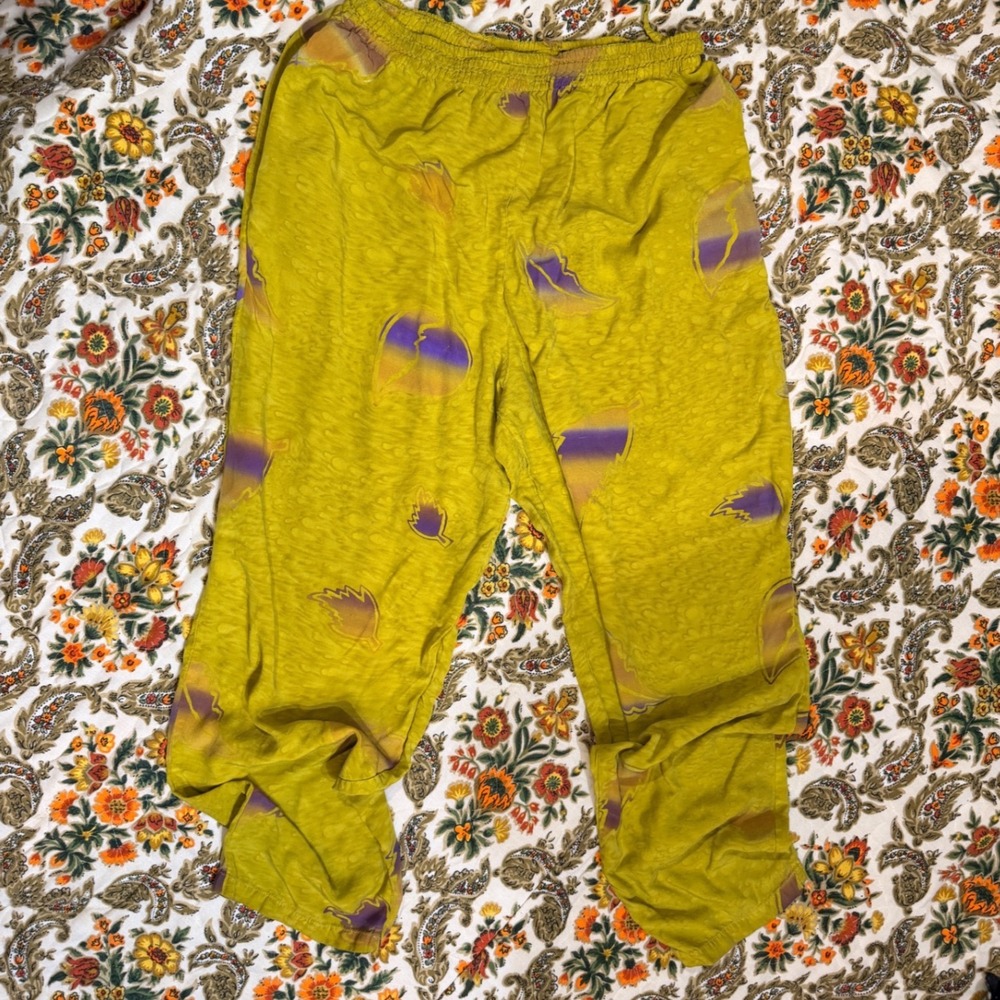 Vintage 90s Chartreuse Printed Funky Comfy Hippy Rayon Pants‎ Size M